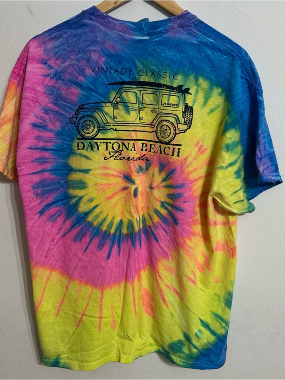 Daytona Beach Surf Style Tie-Dye Shirt - Blue, Green, Yellow, Purple XL Unisex